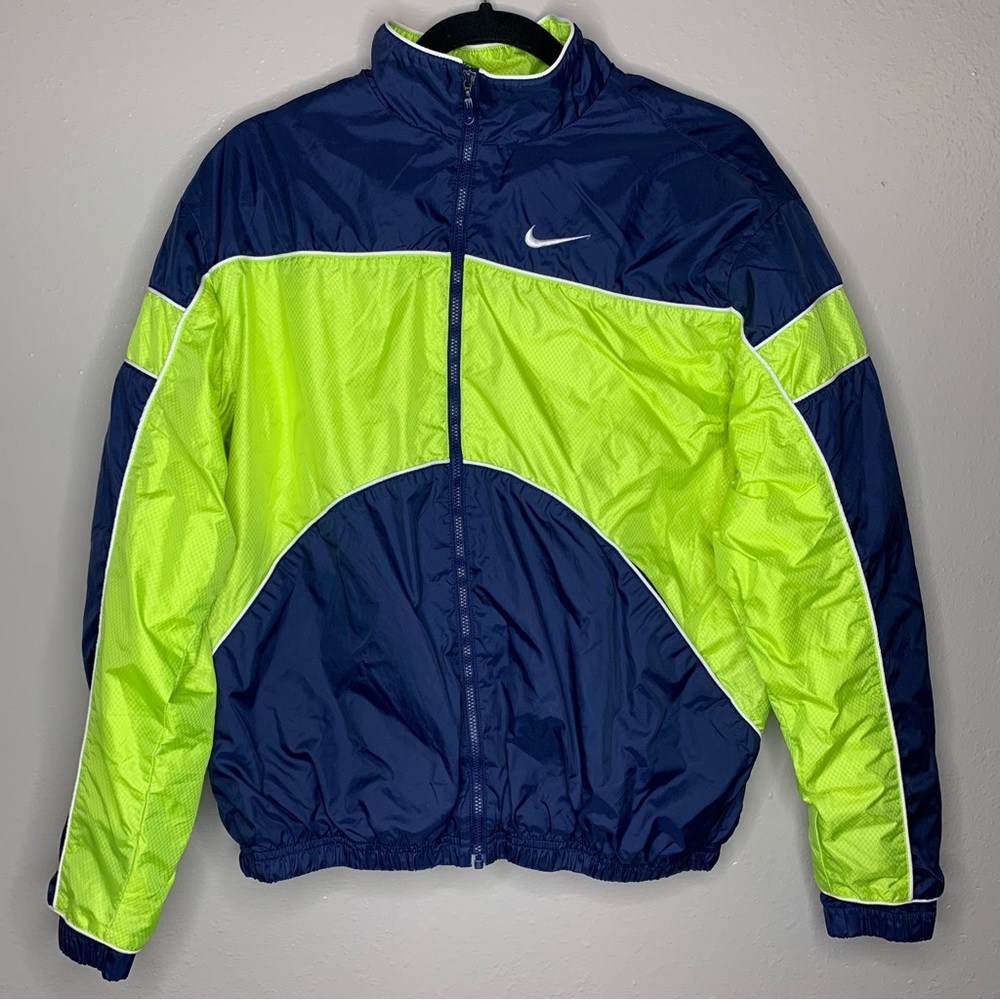 Vintage Nike Big Kids Windbreaker Size M 8-10 Neon Green Blue Zip Up Jacket